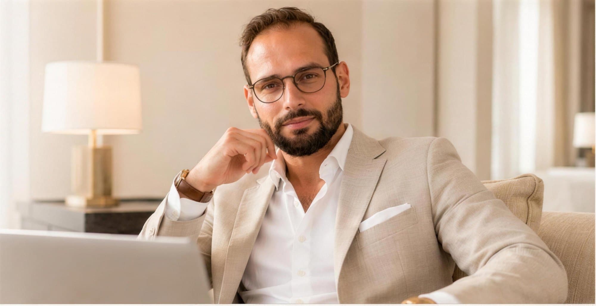 Benjamin Malek seated in a hotel lounge with a laptop, wearing a light beige jacket and white shirt.